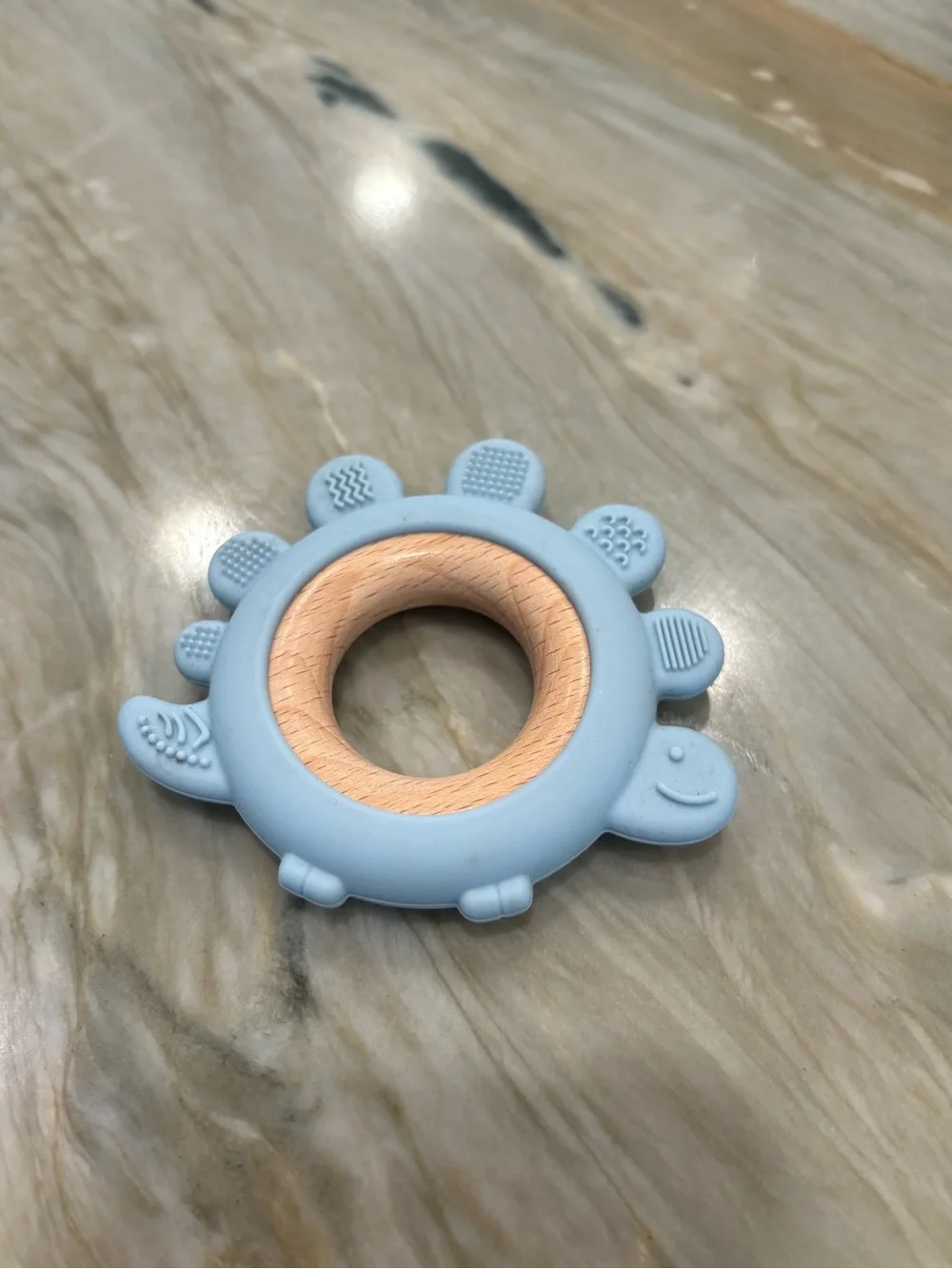 Baby Teething Dino Ring - Blue Silicone & Wood